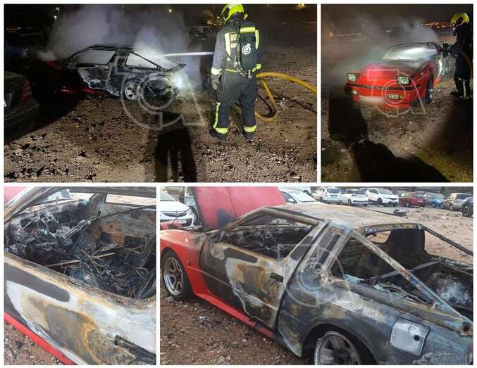 Intervención de los bomberos en el incendio de este sábado y estado en que quedó el vehículo/TA.